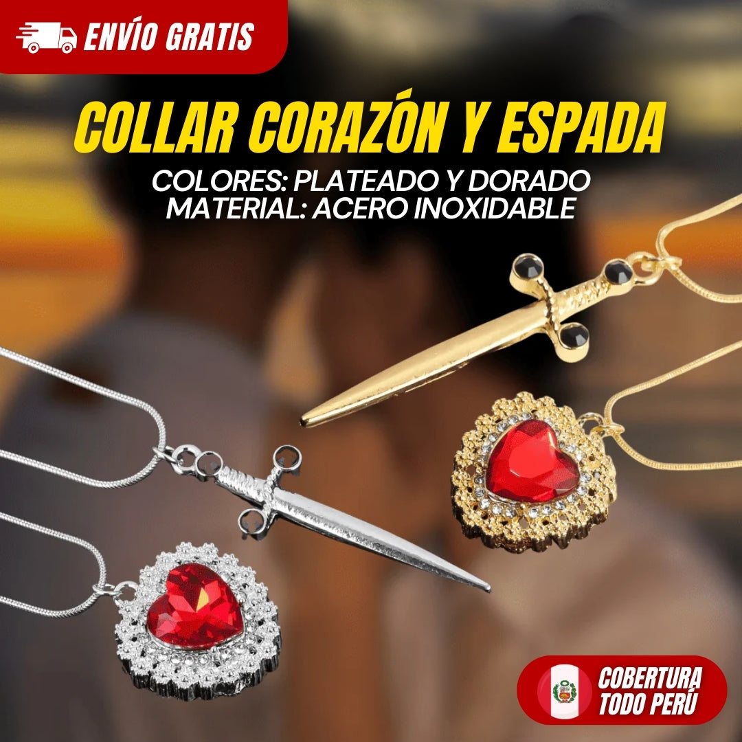 Collar Corazon y Espada Duo para Parejas