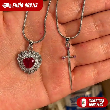 Collar Corazon y Espada Duo para Parejas